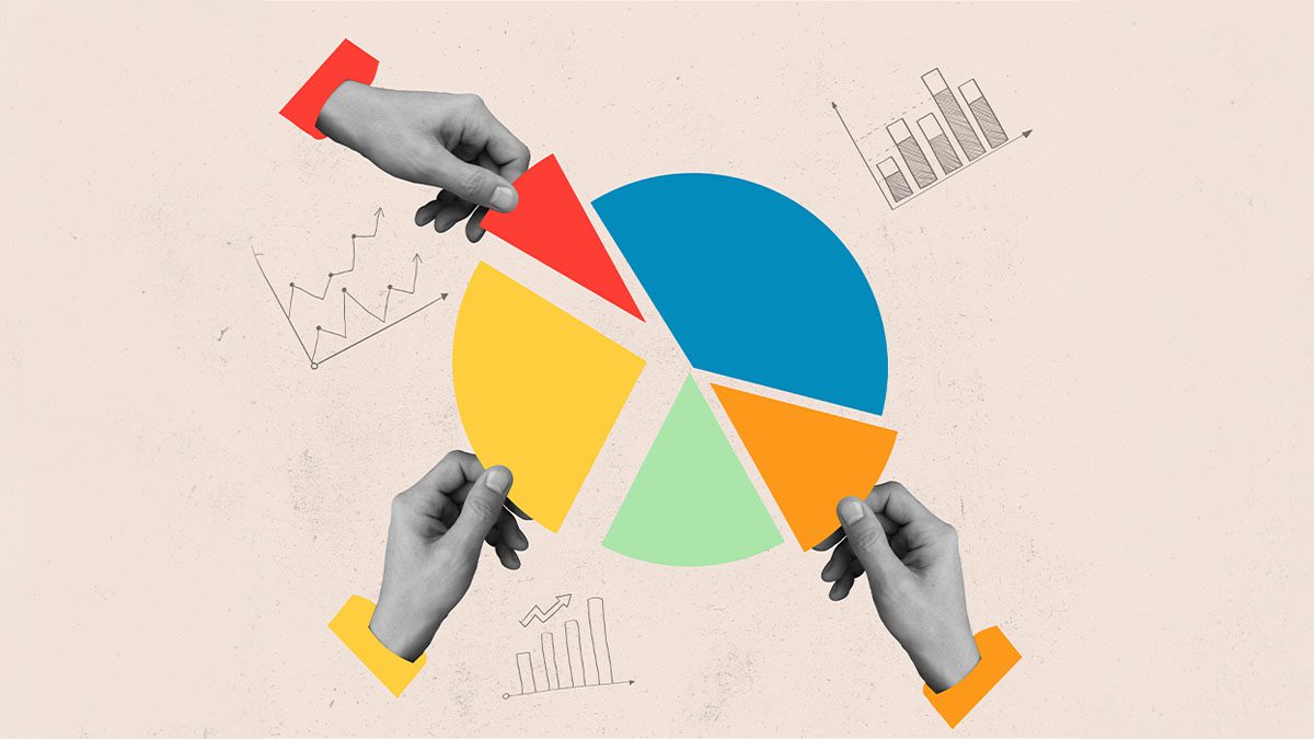 3 hands adding pieces of pie to a pie chart