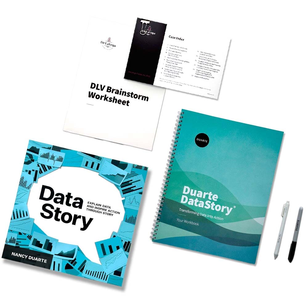The cover of the DataStory book, notebook, and course overview.