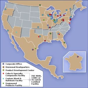 Map of Corporate offices and different facilities. Dull presentation and hard to see locations