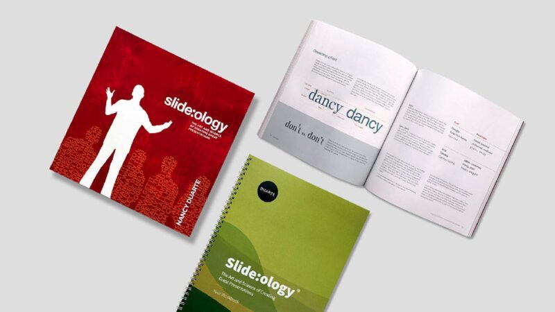 Three books for the "Slide:ology" workshop.