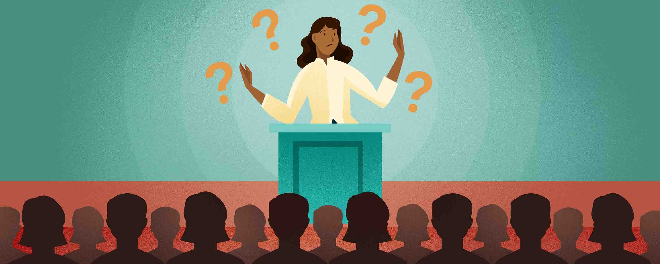 lady speaking on stage confused illustration