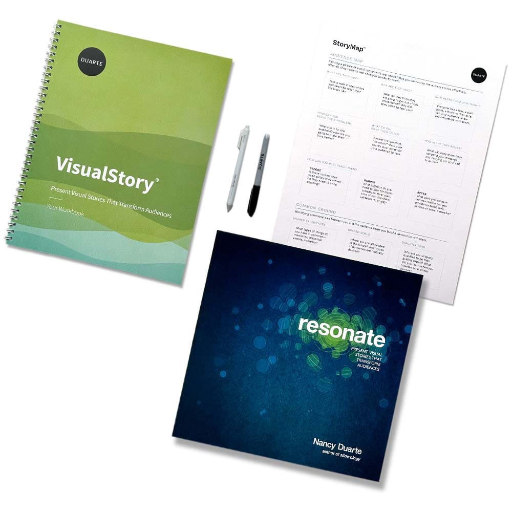 The cover of the book Resonate, with a VisualStory notebook and course overview.