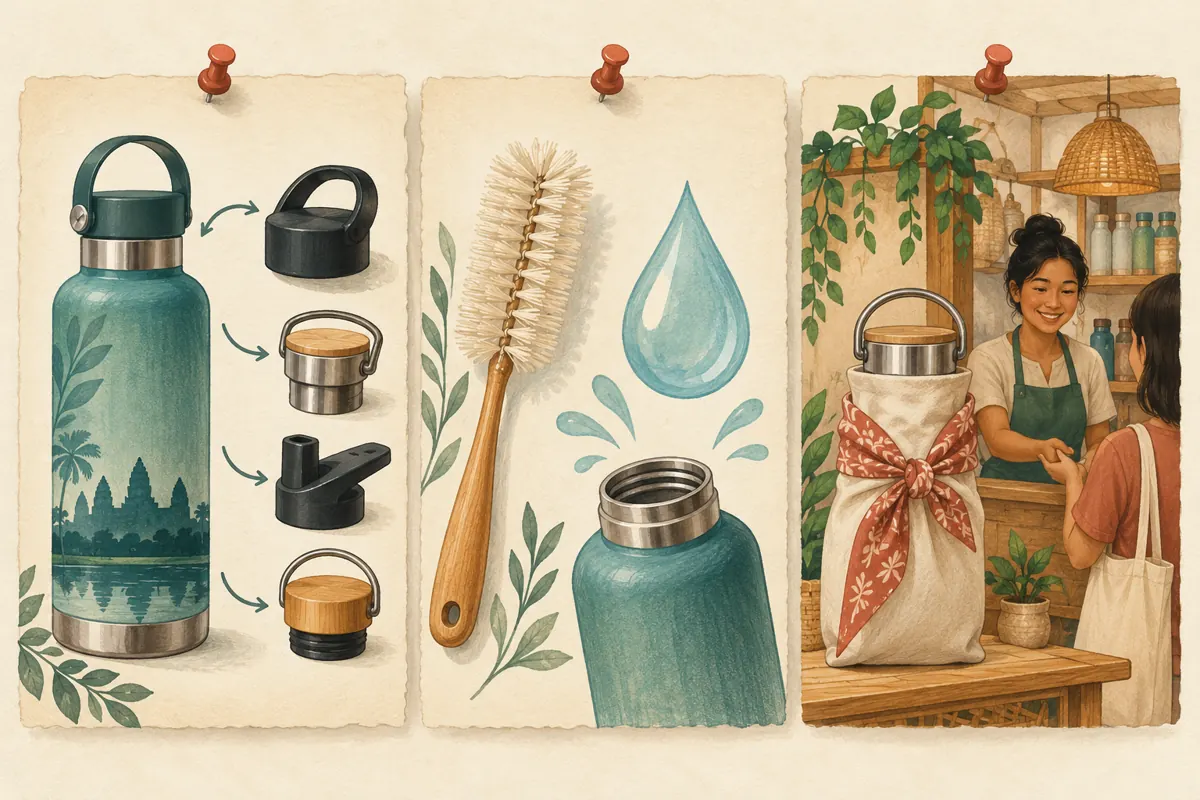 Three illustrated pinned cards representing bottle-lid compatibility, cleaning guidance and shop collection.