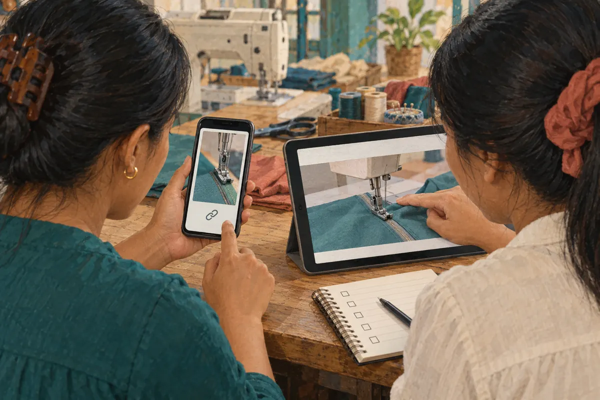 Two Cambodian sewing-shop colleagues compare a phone video with a longer tablet demonstration beside a review notebook.