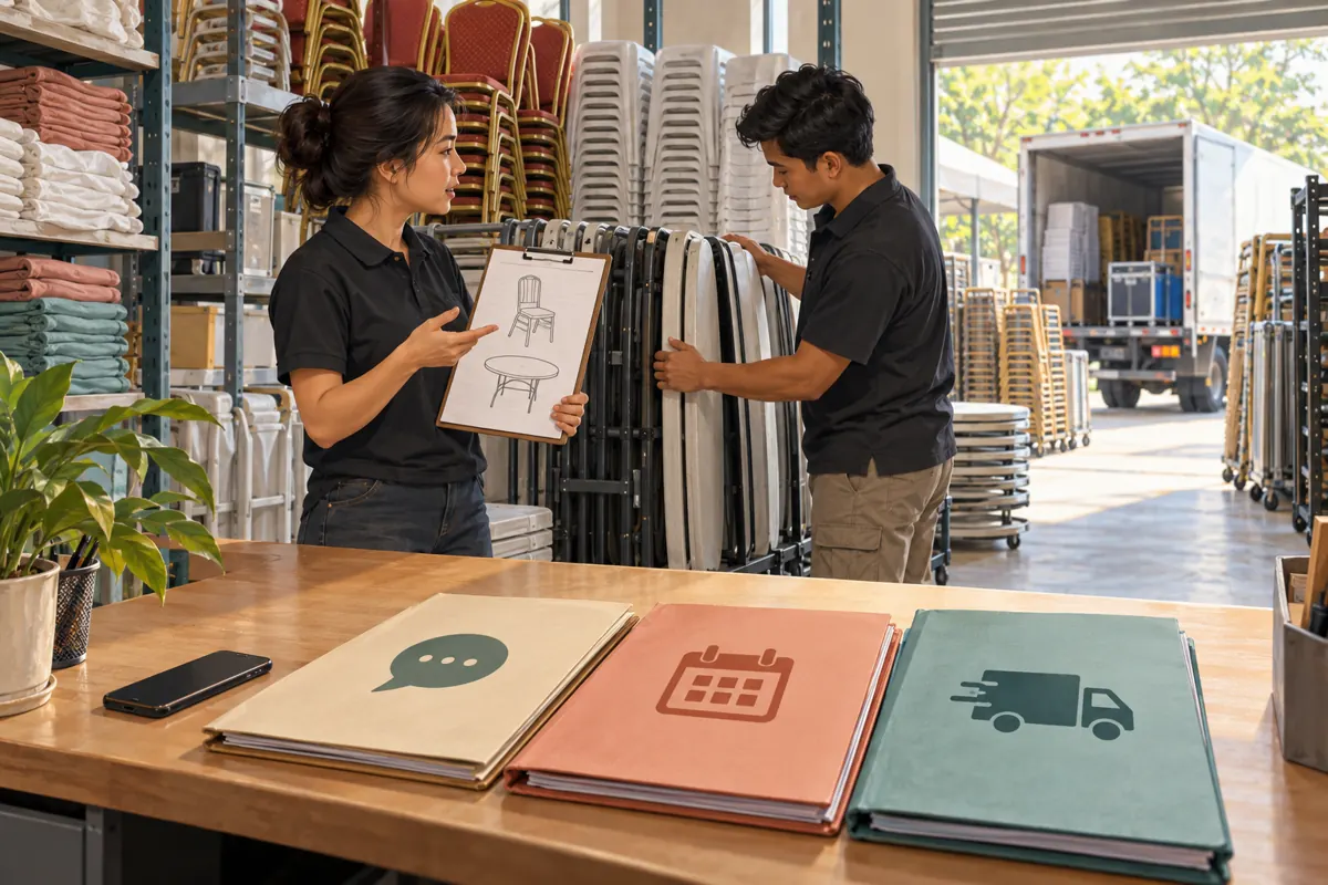 Two Cambodian rental staff check stored chairs and tables while enquiry, calendar and delivery folders lie on a desk.