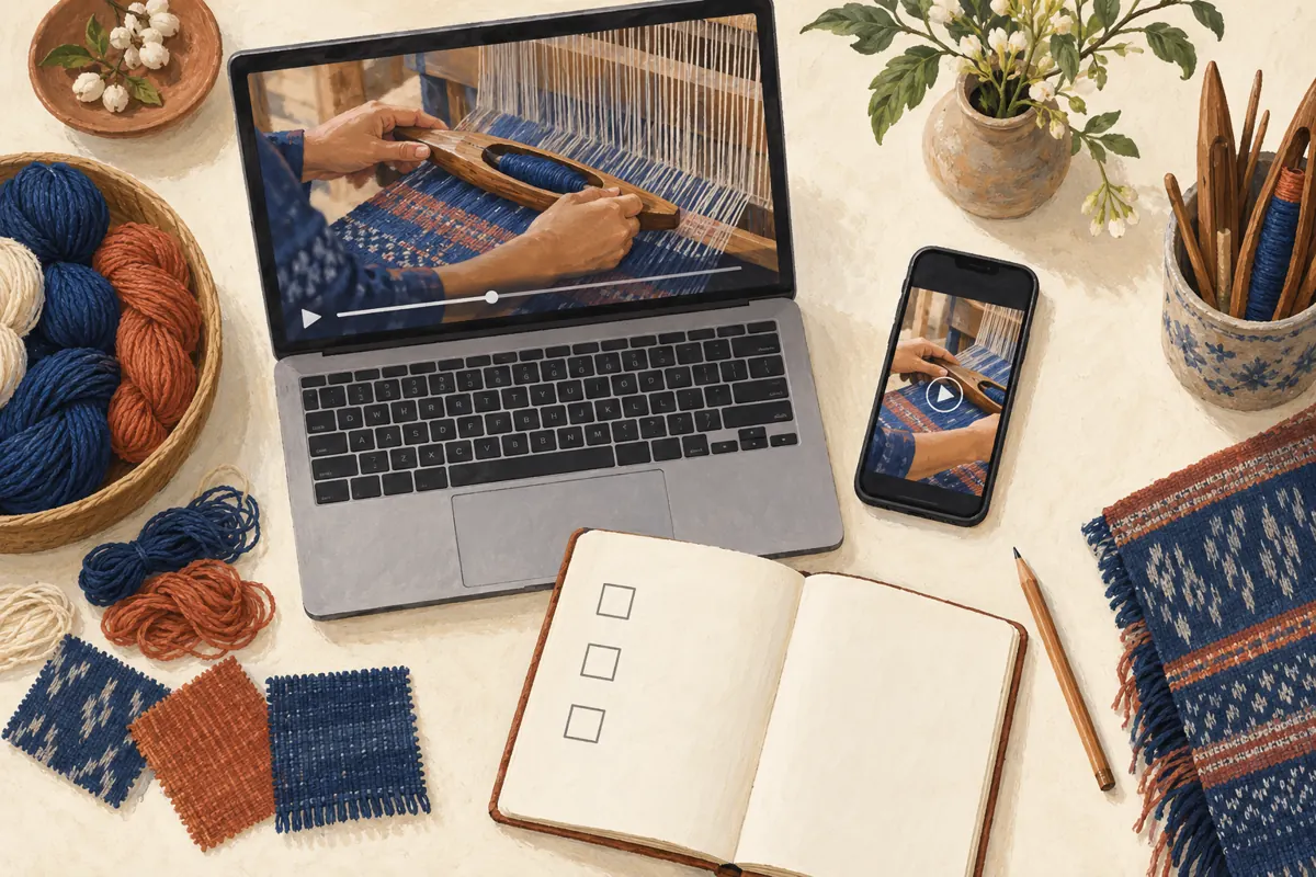 Overhead illustration of a laptop and phone showing loom footage beside yarn, woven samples and a blank preparation checklist.