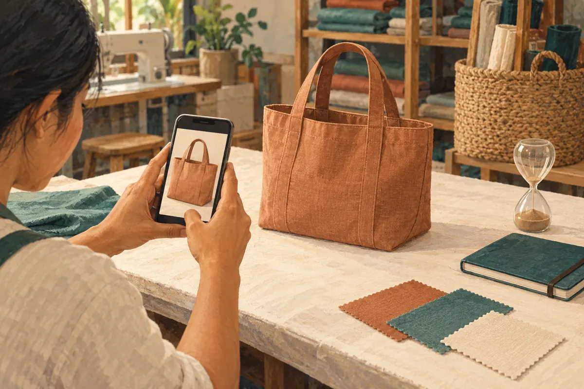 Illustration of a maker photographing a clay-coloured sample tote beside the original swatches and an elapsed hourglass.