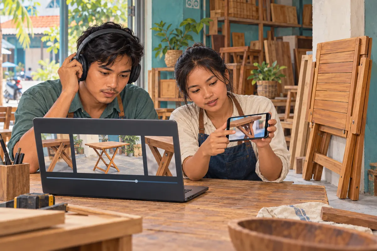 Two illustrated furniture-shop colleagues review a table video using headphones, a laptop and a phone.