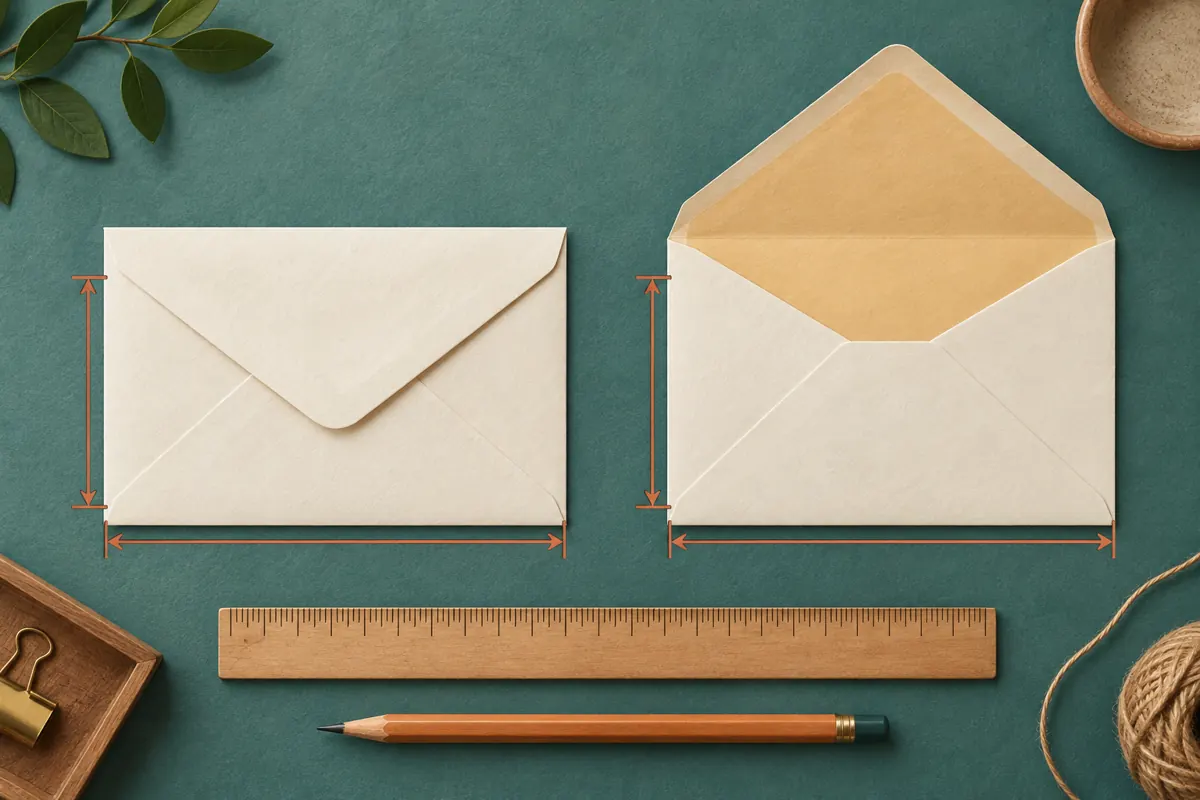 Illustrated closed and open envelopes with dimension arrows, a ruler and a pencil on a teal surface.