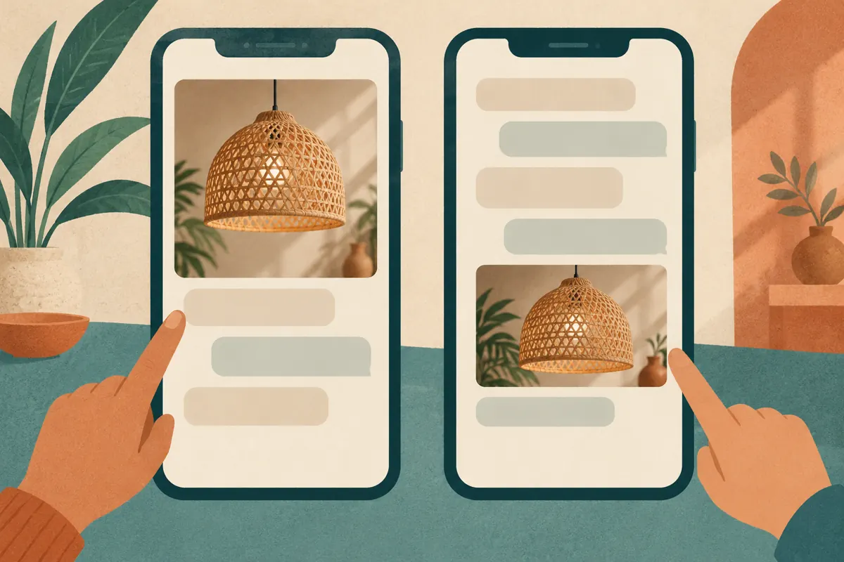 Conceptual phone layouts show a lampshade preview above message lines and a smaller preview below them.