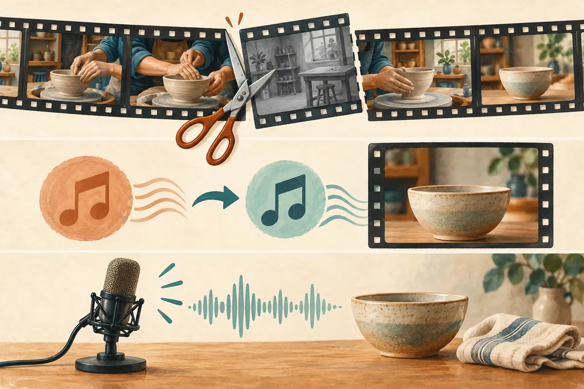 Three illustrated editing choices: trimming footage, replacing music and recording fresh narration.