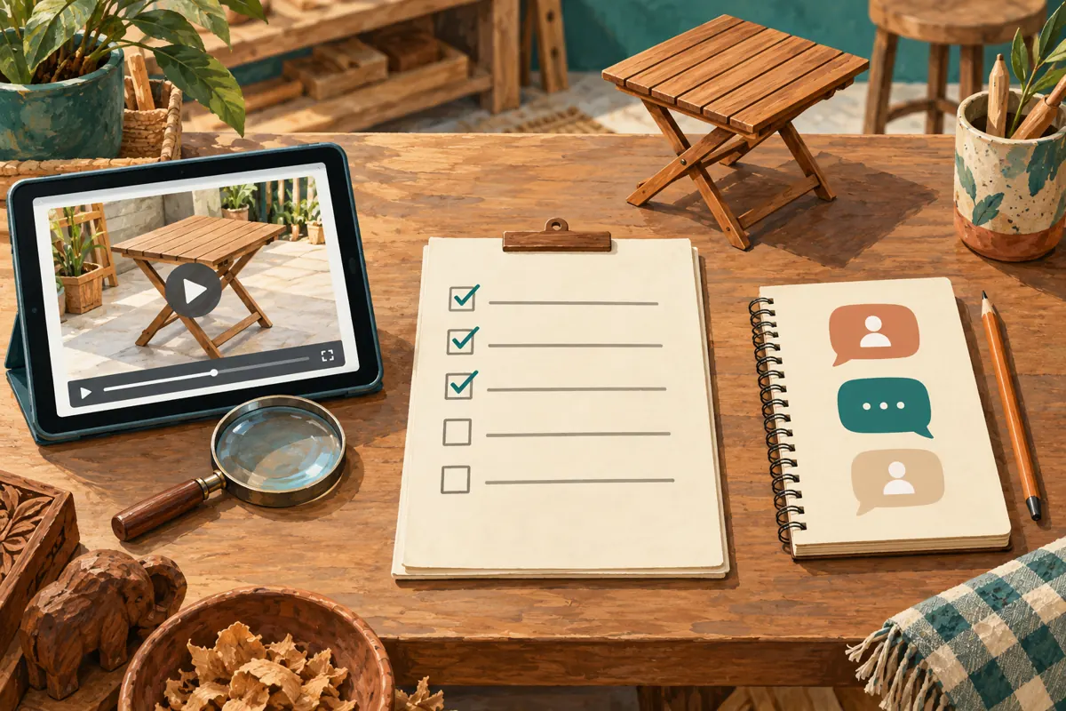 Illustrated worktable with a product video, review checklist and separate notebook representing customer enquiries.