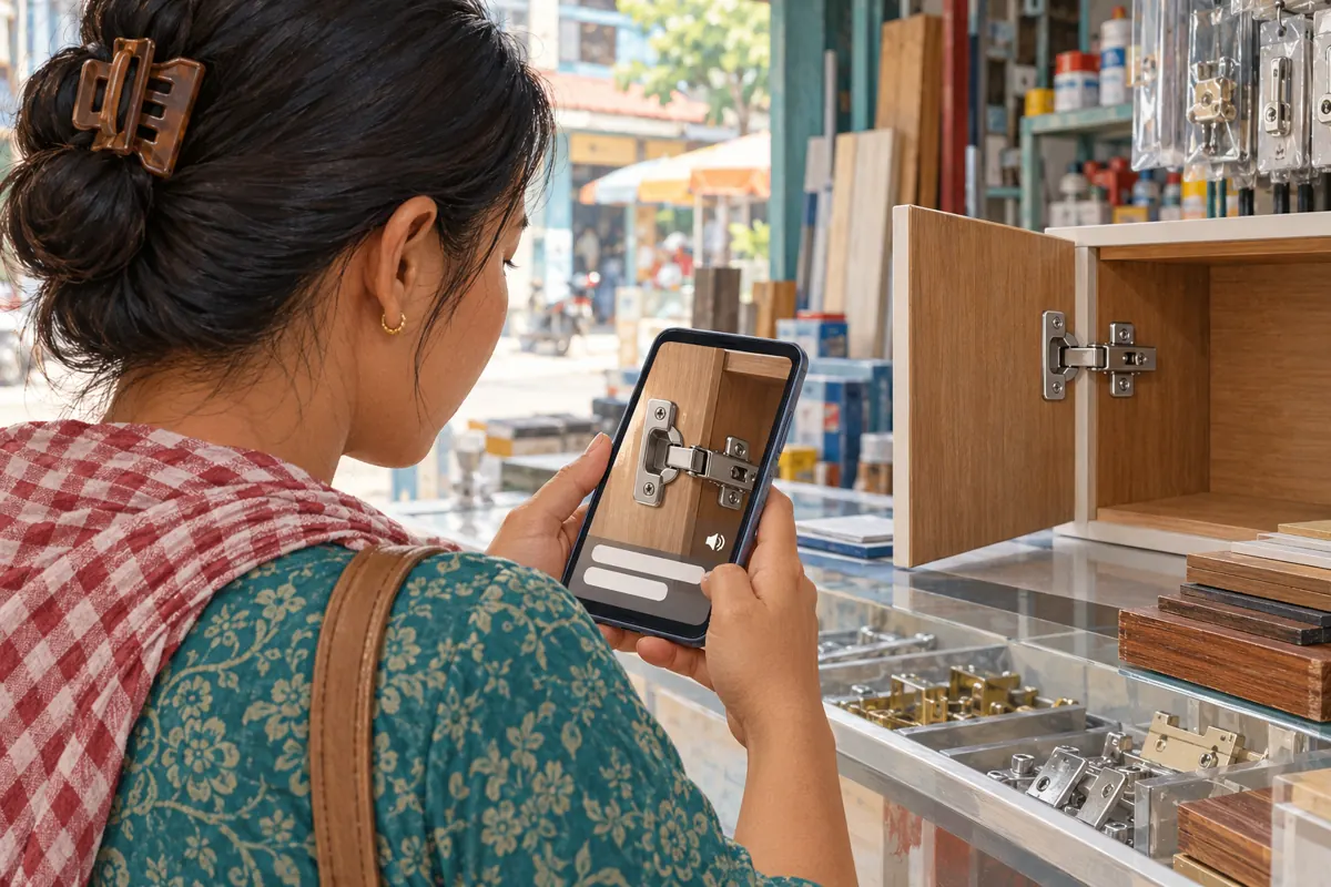 Illustration of a Cambodian woman reviewing a hinge video with symbolic captions on her phone beside a cabinet sample.