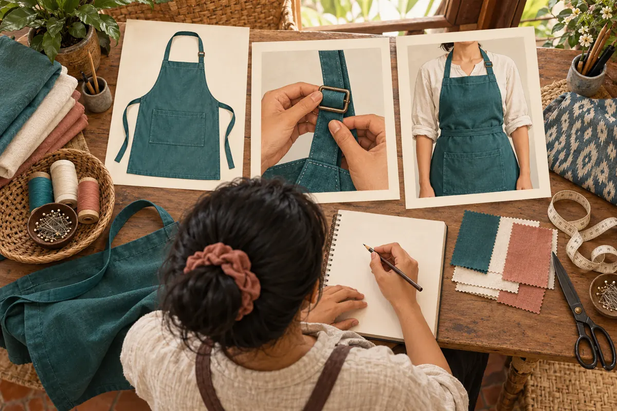 Storyboard cards on a sewing workbench show a complete apron, its buckle and the apron being worn.