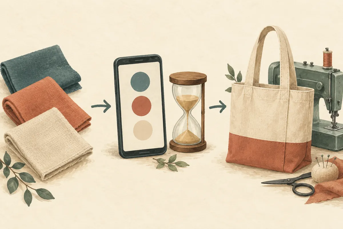 Illustrated sequence connecting fabric swatches, a timed phone poll and a sample tote beside a sewing machine.