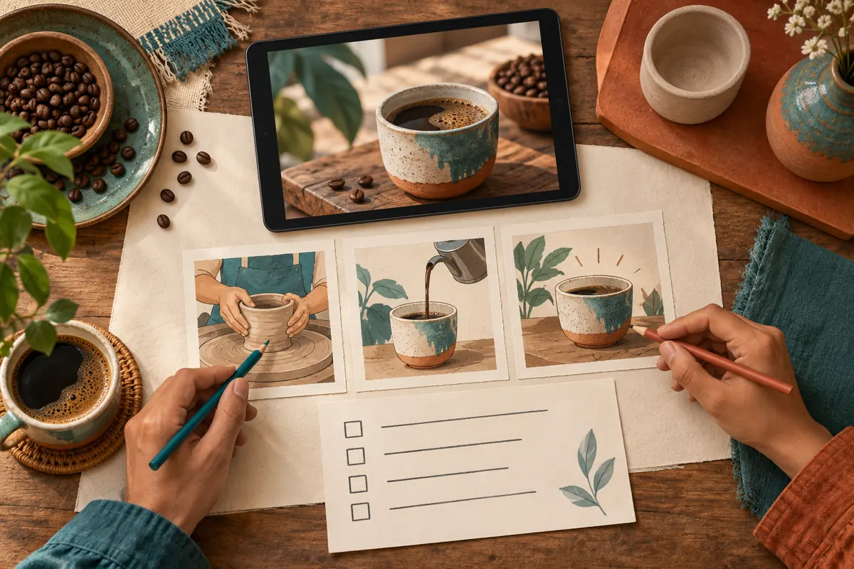 Overhead illustration of two people reviewing pottery and coffee storyboard cards beside a tablet and checklist.