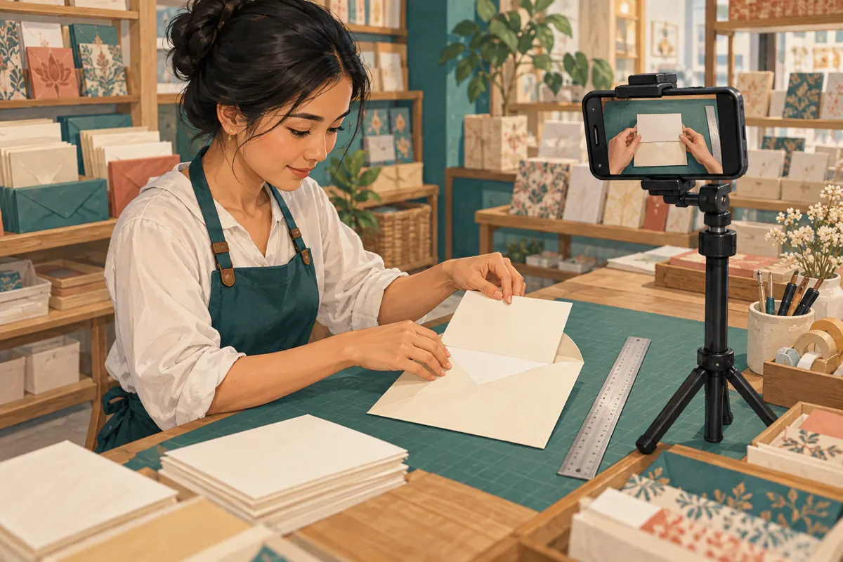 Illustration of a Cambodian shop assistant demonstrating how an invitation card fits inside an envelope beside a smartphone filming setup.