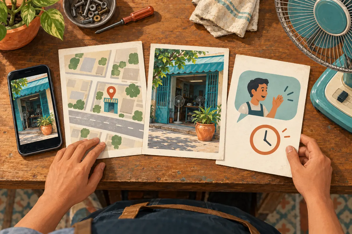 Illustrated cards on a repair-shop counter showing a map destination, a matching entrance photo and contact and time symbols.