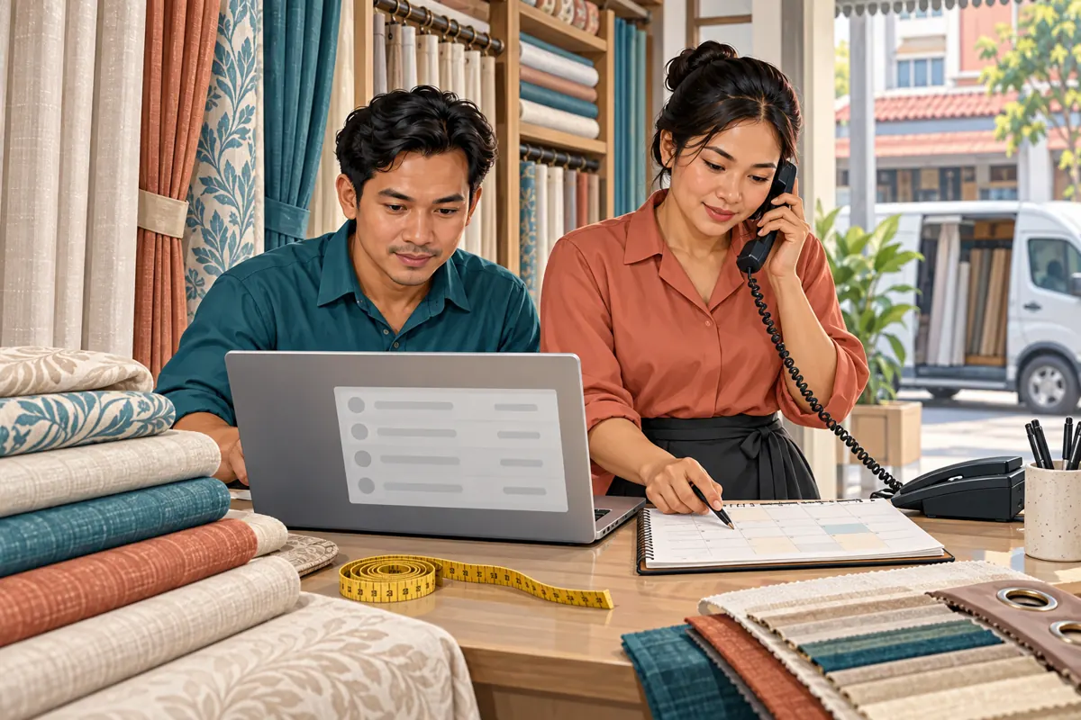 Illustration of two Cambodian curtain-shop colleagues reviewing enquiry records and discussing availability by telephone.