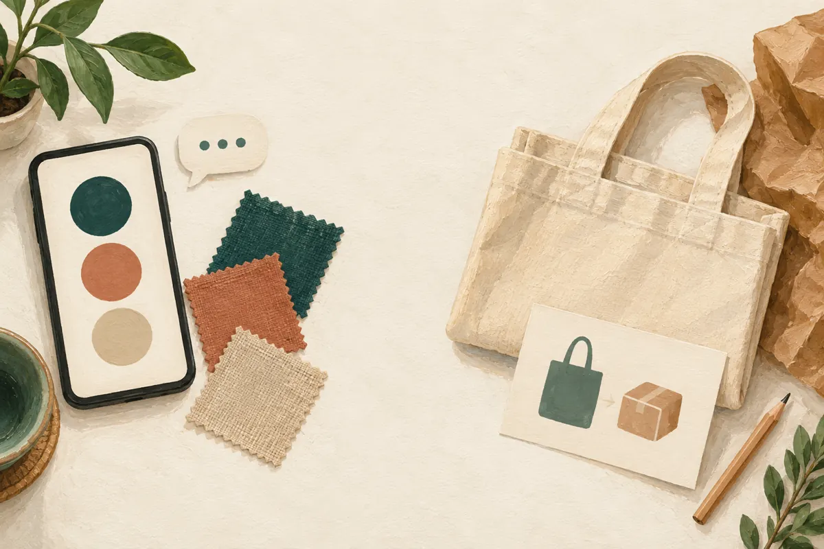 Separate illustrated tabletop scenes show a colour preference poll and a tote with packing materials.