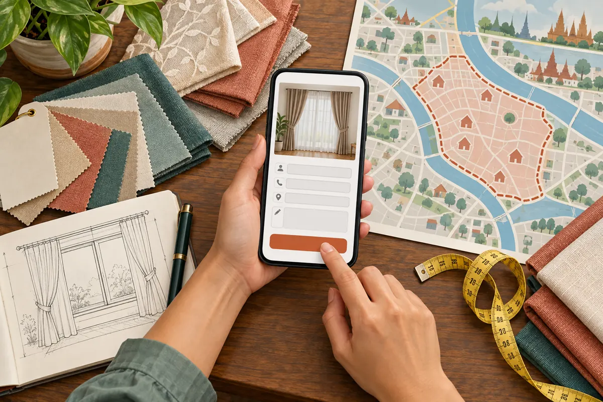 Overhead illustration of a mobile curtain enquiry form beside fabric samples, a window sketch and a conceptual service-area map.
