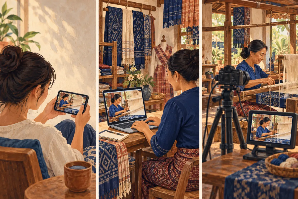 Three illustrated panels compare watching a weaving video on a phone, hosting a recorded viewing on a laptop and filming an artisan at a loom.