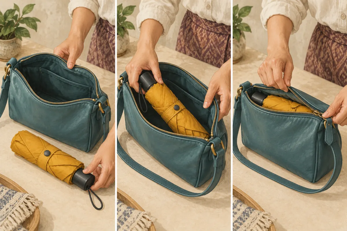 Three illustrated panels showing a folded umbrella beside a shoulder bag, placed inside, and checked at the zipper.
