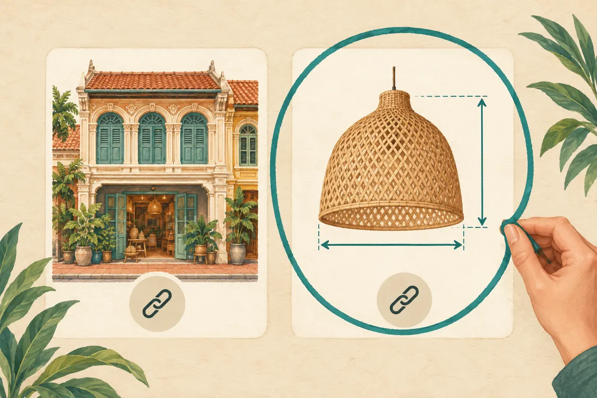 Illustrated destination cards contrast a shop facade with a selected lampshade measurement guide.