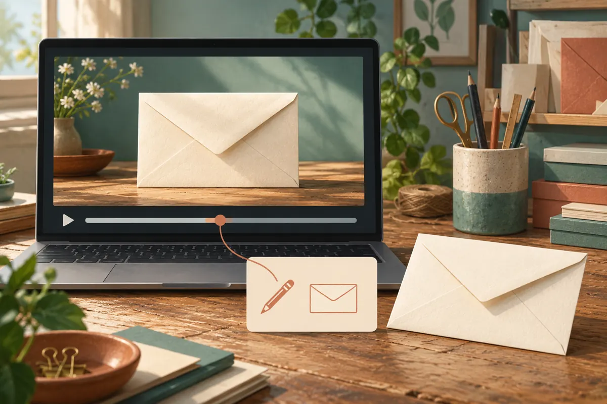 Conceptual illustration connecting a marked moment on an envelope video's playback timeline to a correction note.