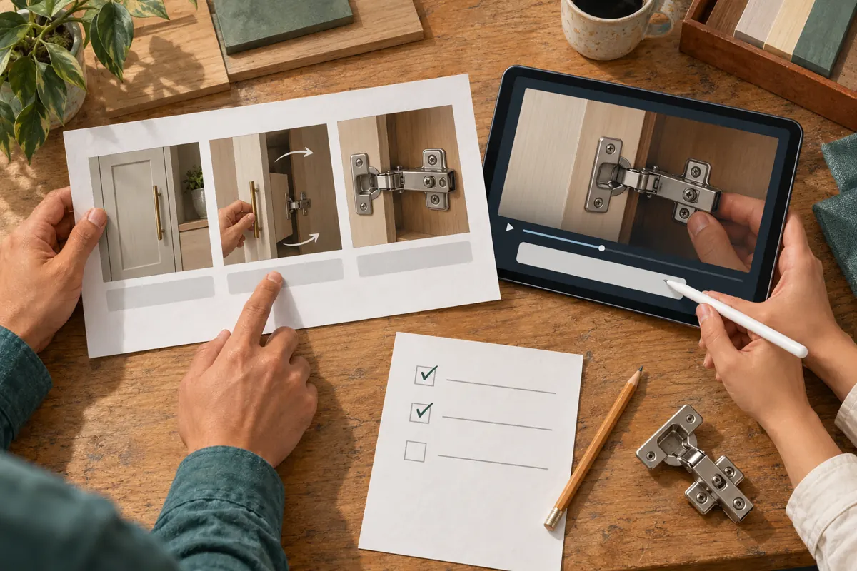 Overhead illustration of colleagues comparing a cabinet storyboard, a captioned tablet video and a review checklist.