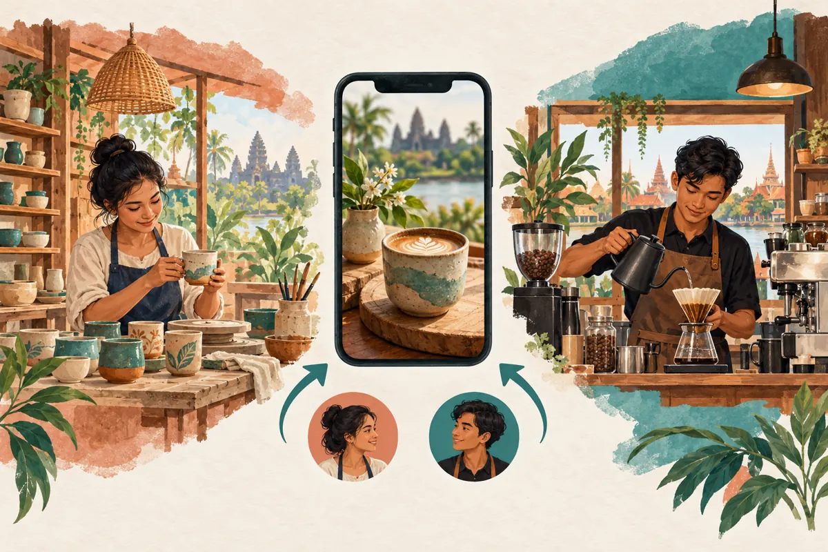 Illustrated ceramic workshop and café connected to one central cup-and-coffee post with two author portraits.