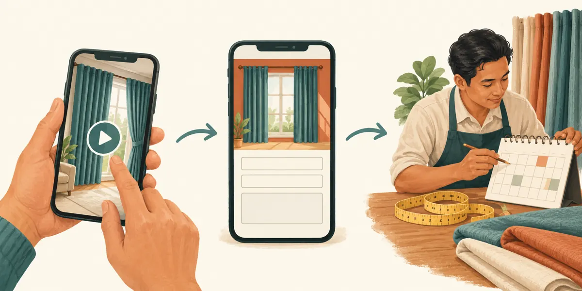 Illustrated sequence connecting a curtain video, a mobile enquiry form and a worker reviewing an appointment calendar.