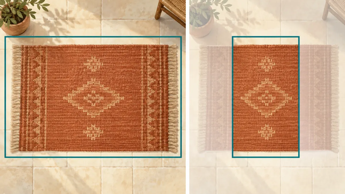 Two-panel illustration comparing a wide frame containing a whole rug with a vertical crop that excludes its side edges.