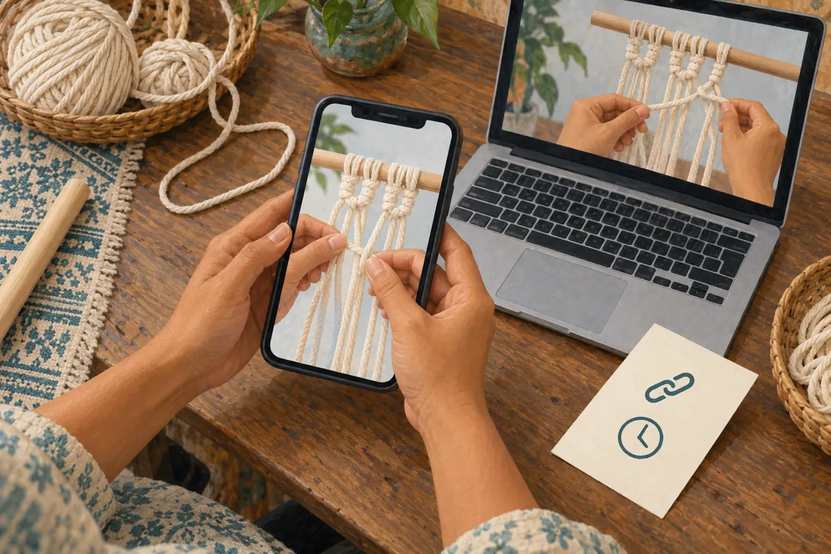 Hands hold a phone displaying a macramé lesson beside a laptop and a card with link and clock symbols.