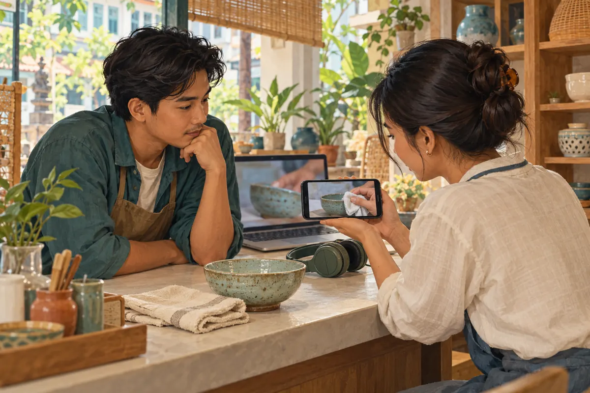 Two Cambodian shop colleagues reviewing a bowl-care demonstration on a phone at their ceramics counter.