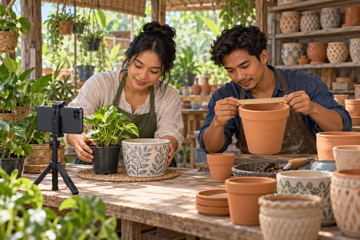 Illustration of a Cambodian plant seller and pot maker preparing a container-fit demonstration with a phone camera.