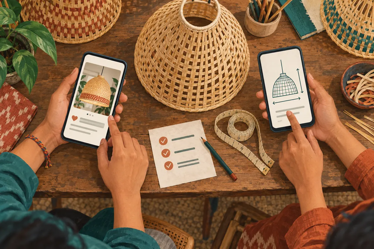 Overhead illustration of two people checking a lampshade preview and sizing guide on separate phones beside a checklist.