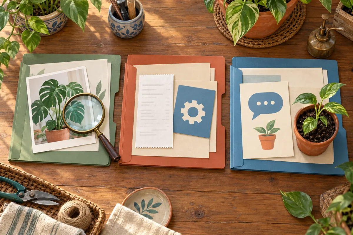 Three separate folders representing channel research, service delivery records and actual customer enquiries on a plant-shop desk.