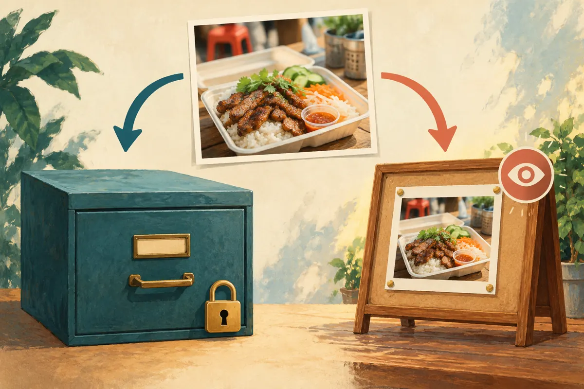 A food photograph branches toward a locked archive drawer and a public display board marked with an eye symbol.