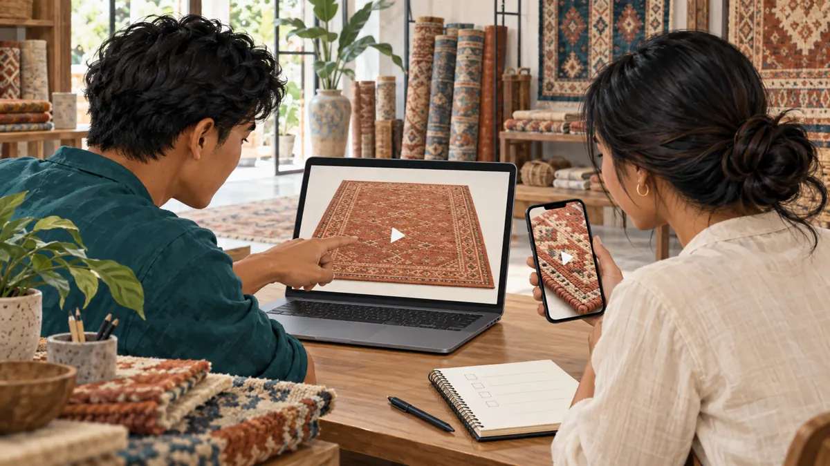 Illustration of two rug-shop staff reviewing a full rug view on a laptop and a separate corner detail on a phone.