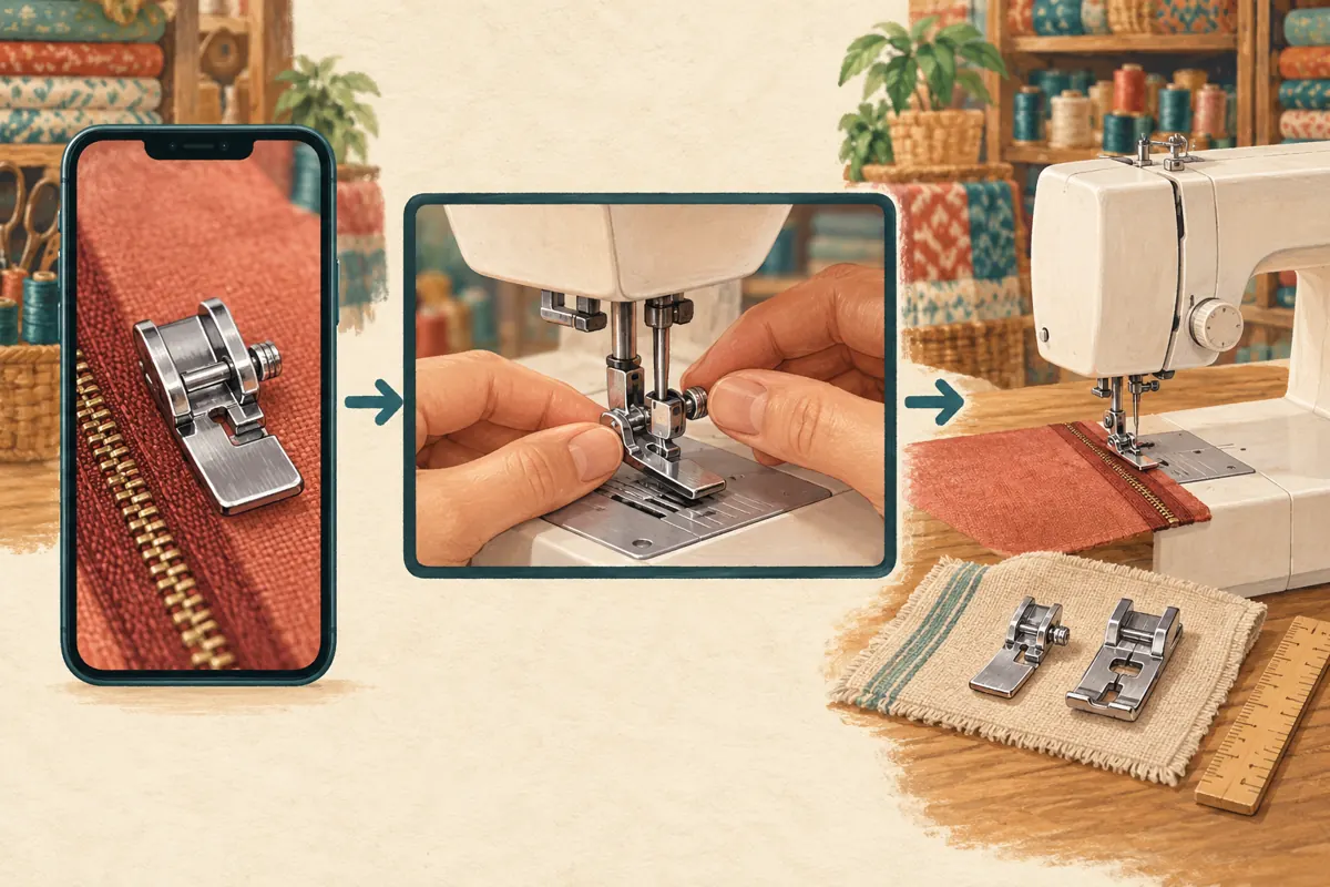 Illustrated sequence connecting a presser-foot close-up, a fitting demonstration and a complete sewing-machine setup.