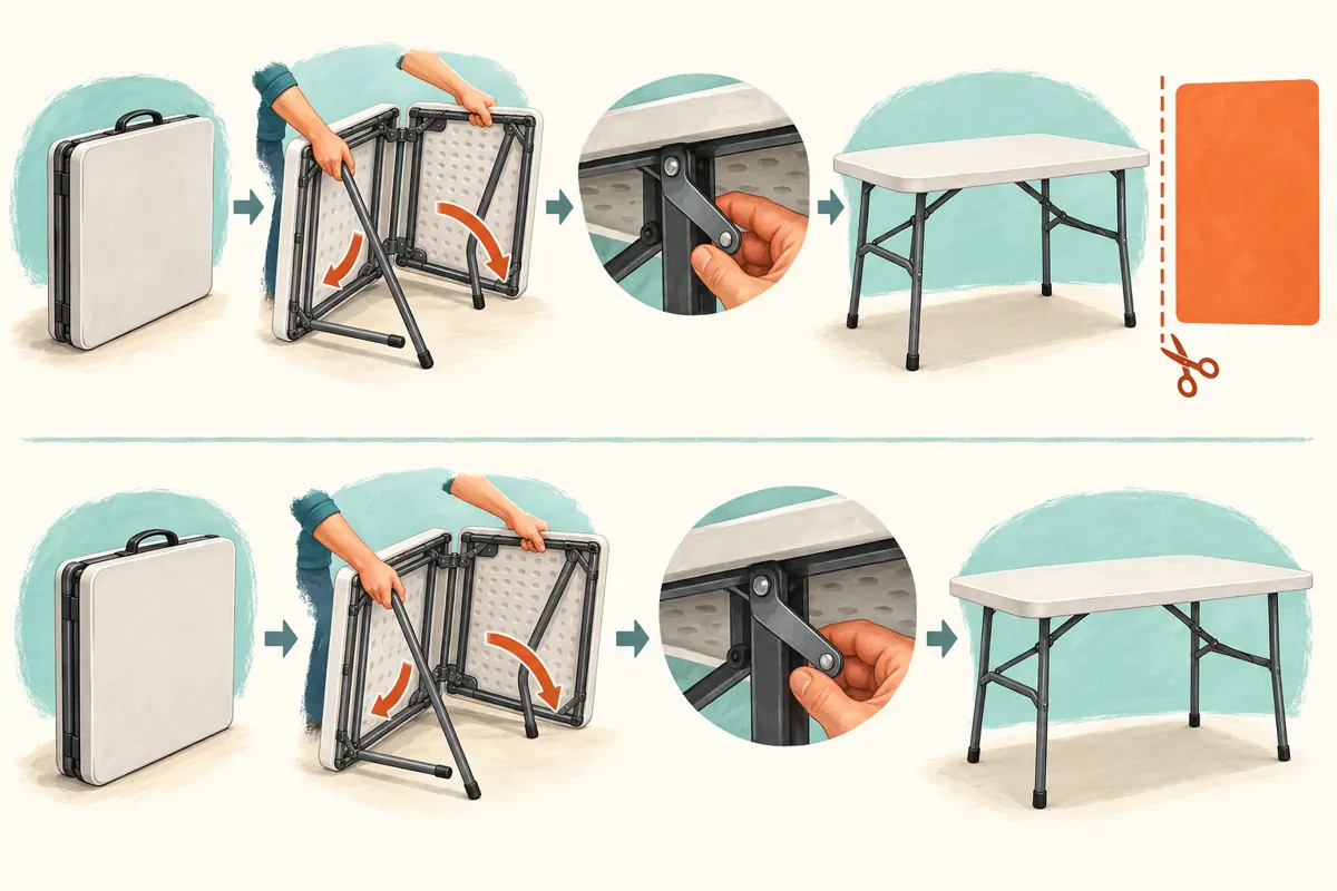 Two illustrated table-demonstration sequences show an offer card removed while the opening and locking steps remain.