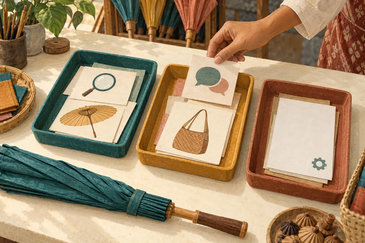 Three separate trays with research, customer-question and operational-record symbols on an umbrella shop table.