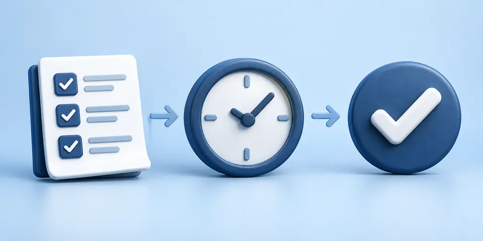 Checklist, clock and completion symbols illustrating the workflow in Instagram Reels Orders: Build a Useful Review Workflow