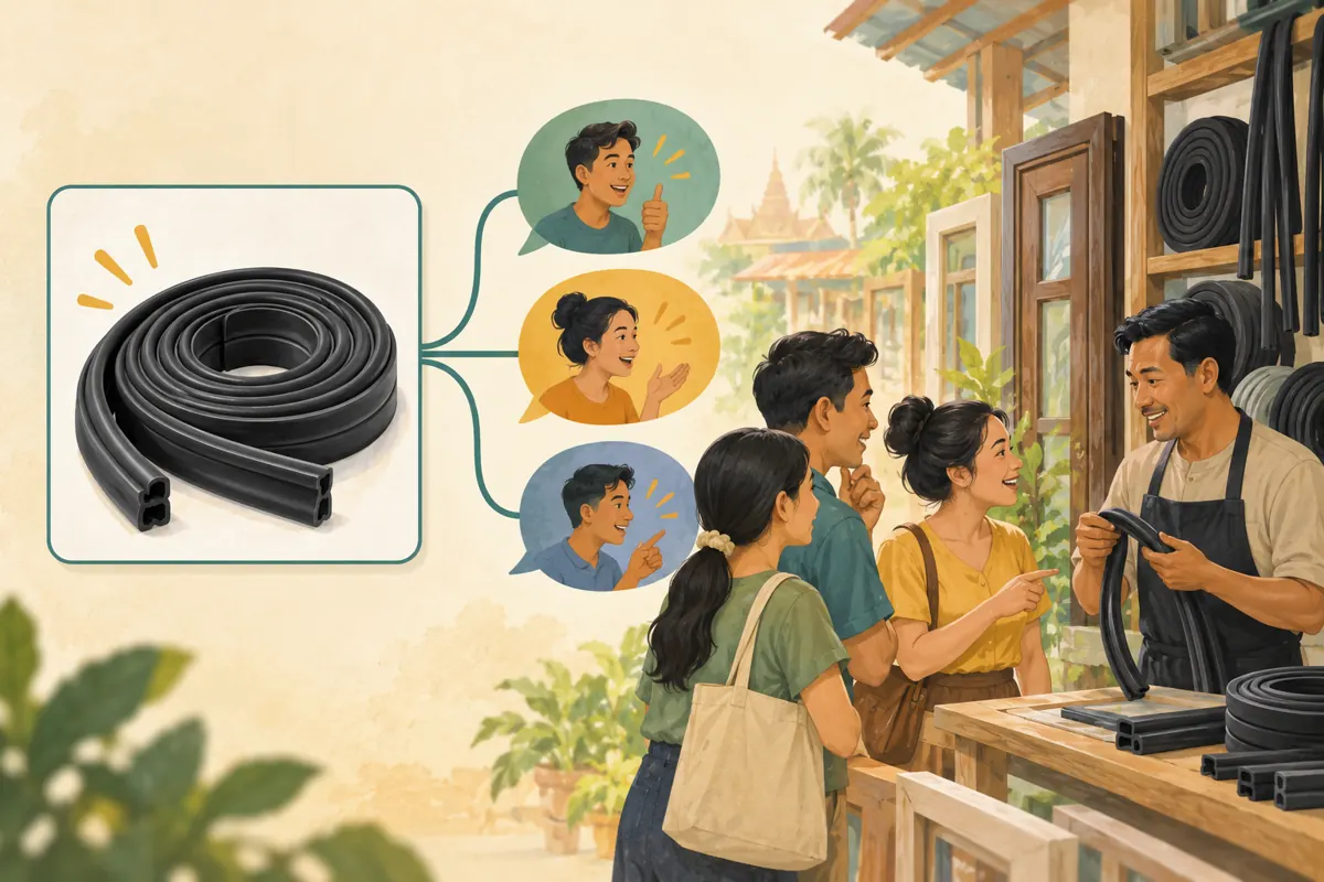 រូបគំនូរបង្ហាញរូបខ្សែកៅស៊ូភ្ជាប់នឹងពពុះសន្ទនា និងក្រុមមនុស្សកំពុងពិភាក្សាជាមួយអ្នកលក់