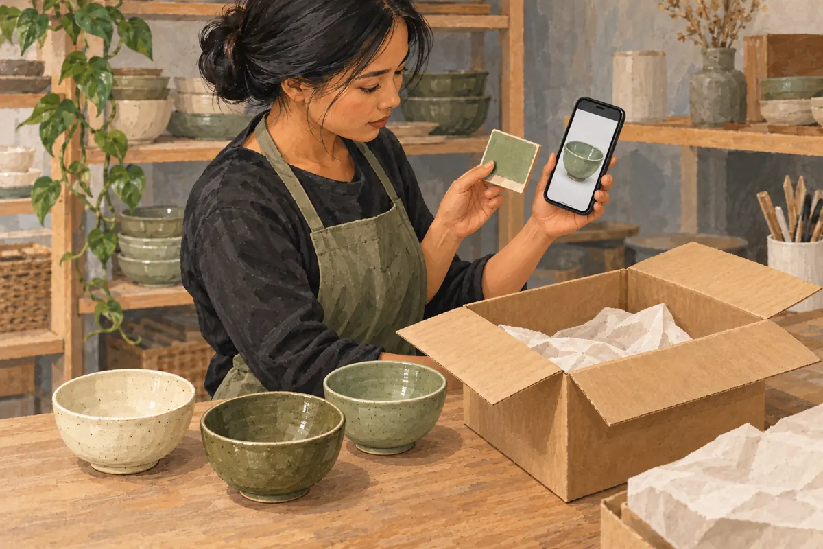 Illustration of a ceramic shop worker checking a glaze sample and phone reference beside bowls and an open packing box.