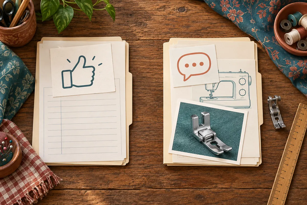Separate folders represent engagement records and customer compatibility questions beside a sewing attachment.