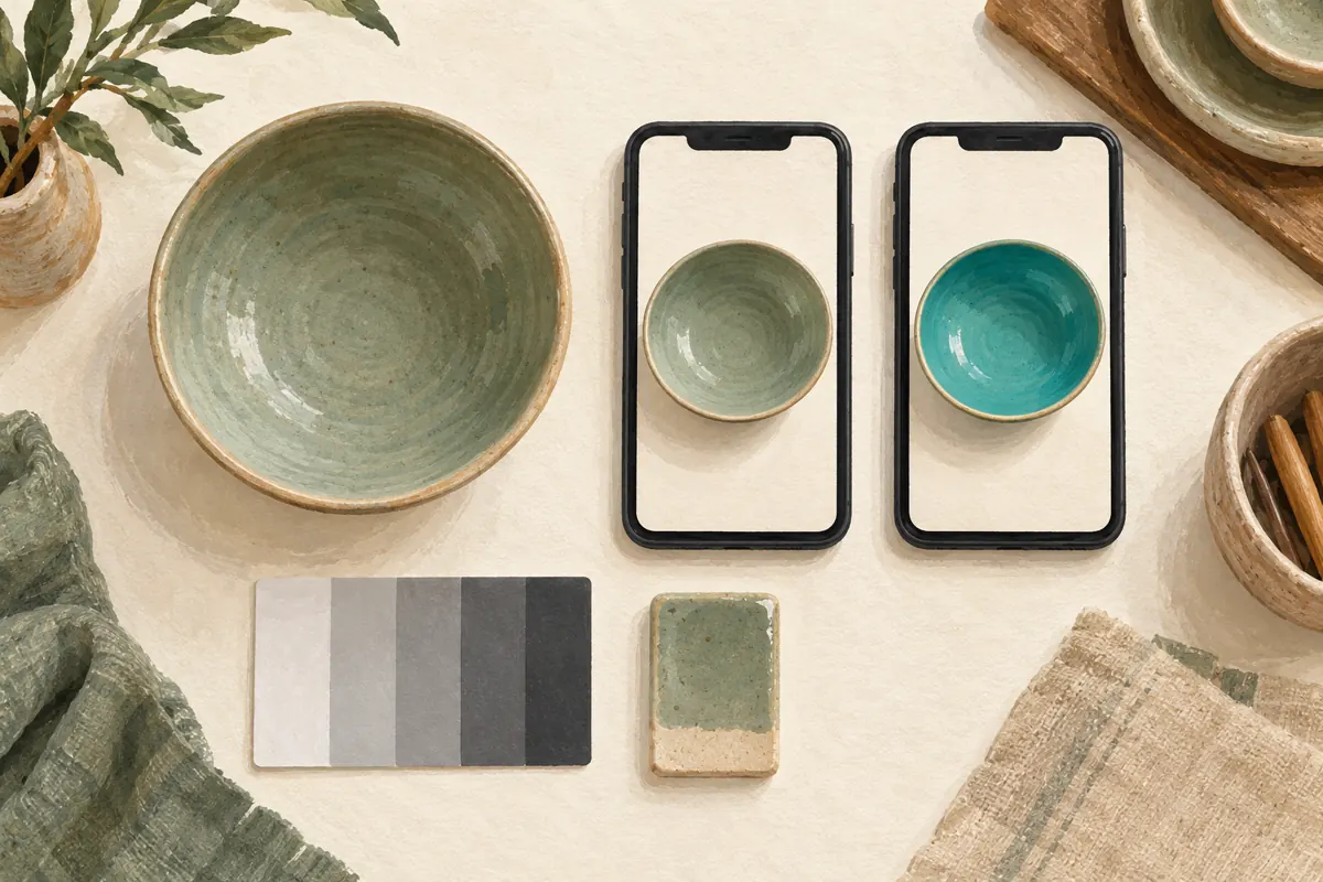 A sage ceramic bowl beside two illustrated phone screens showing a muted reference and a strongly teal edited version.