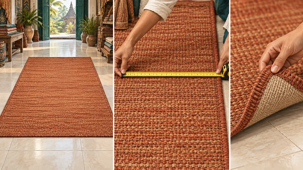 Three illustrated rug demonstration views showing the rug on a floor, a width measurement and a lifted corner revealing the backing.
