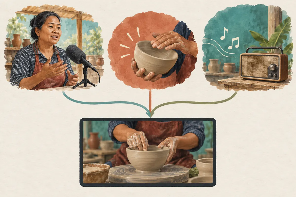 Illustrated narration, bowl-handling sounds and radio music flowing into one pottery video.